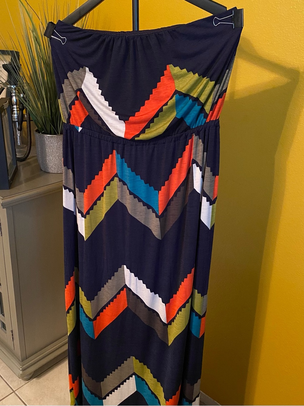 Navy Chevron Strapless Maxi Dress with Multicolor Zigzag